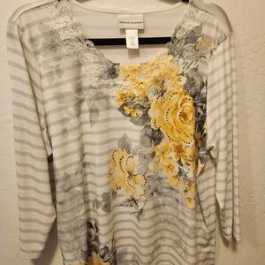 Alfred Dunner Floral Gray and Yellow Long Sleeve Top